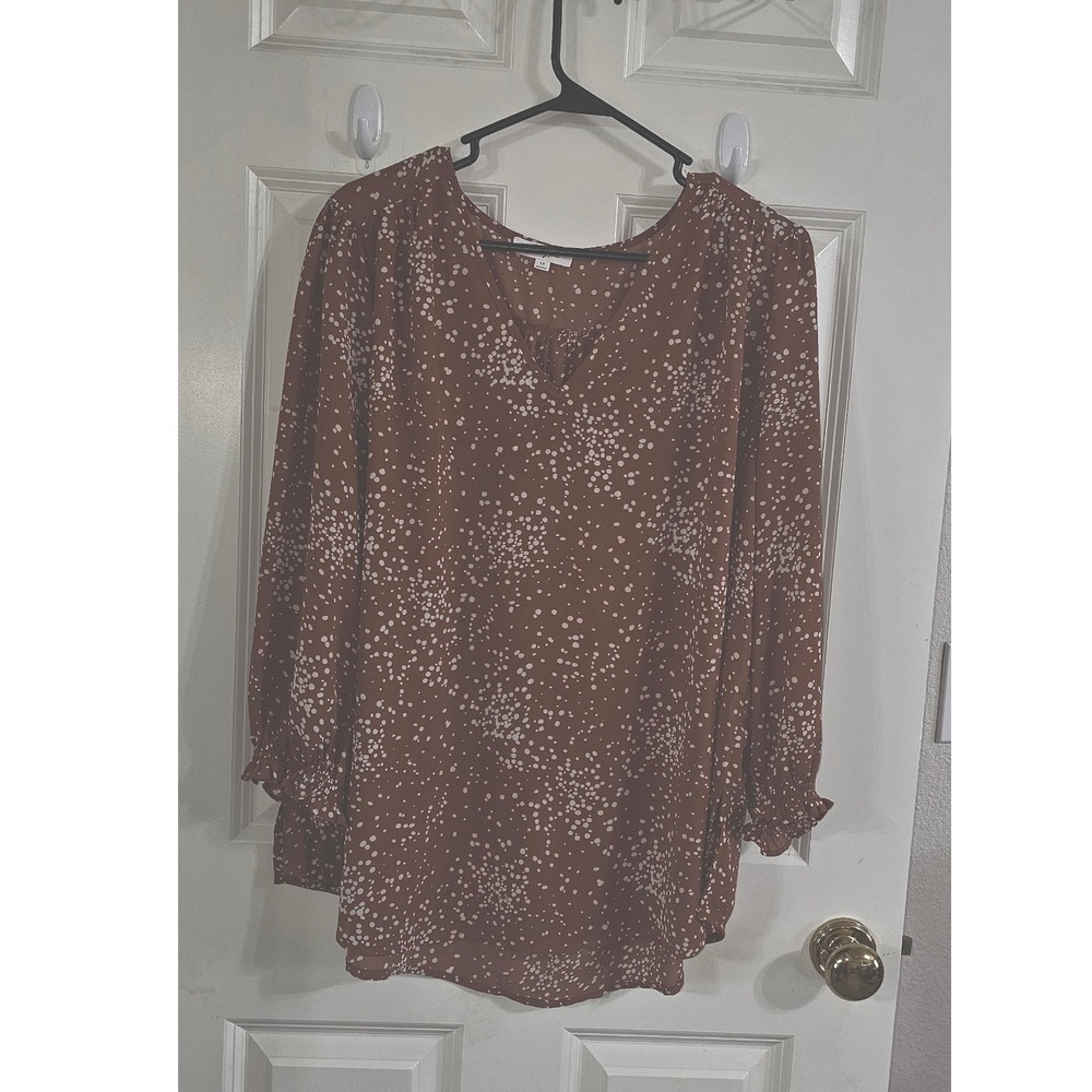 Monday Fun Women Plus 1X Rust Brown White Speckled Dot VNeck Blouse Smocked Cuff